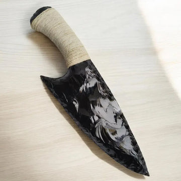 10-Inch Large Black Obsidian Knife with White Thread Handle