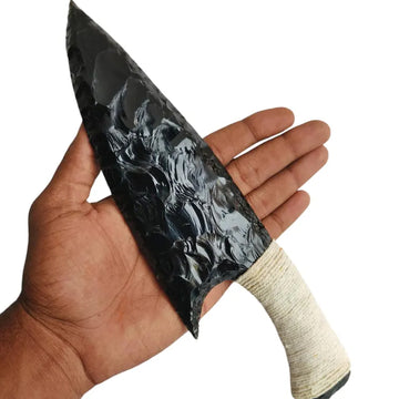 10-Inch Large Black Obsidian Knife with White Thread Handle